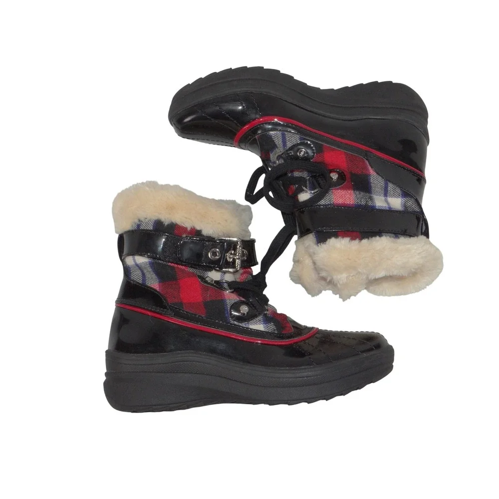 Anne Klein Sport AKGALLUP Black Plaid Faux Fur Trim Winter Duck Boots Womens 6M
